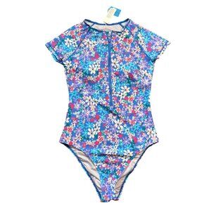 Cupshe Floral Print Front Zip Rashguard One Piece Swimsuit Womens Size Small NEW